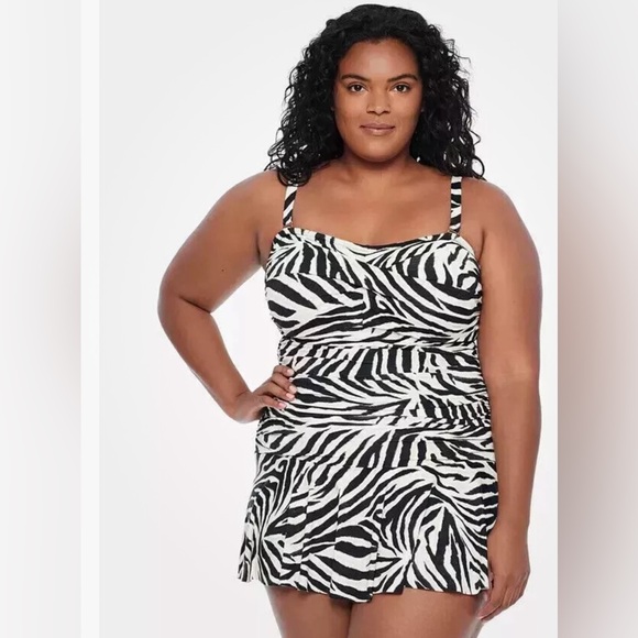 Lauren Ralph Lauren Zebra printed One Piece skirt brown Swimsuit plus Size 18W